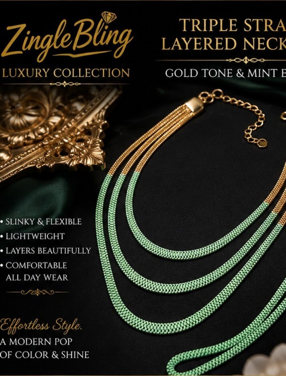 Gold Tone Mint Green Enamel 3 Strand Layered Snake Chain Statement Necklace